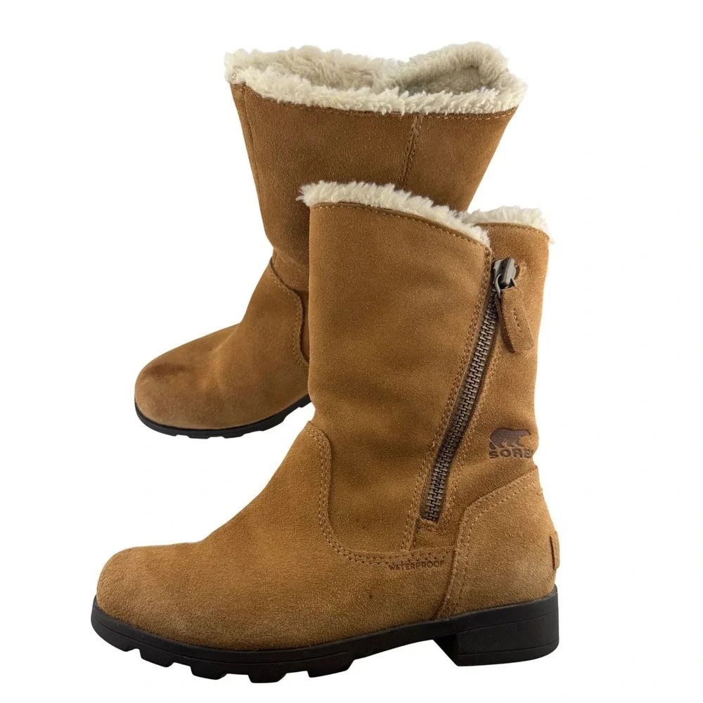 Sorel‎ Whitney Mid Calf Boots Kids Girls Size 2 Tan Suede Faux Fur